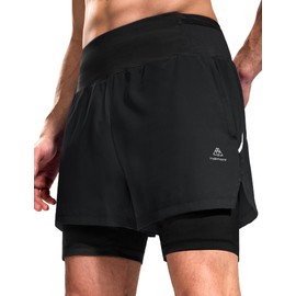 Haimont - Pantalones cortos de correr 2 en 1 para hombre con bolsillos con cierre, secado rápido, pantalones cortos de entrenamiento atléticos y forro, Negro -, Large