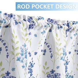 Watercolor Floral Cafe Curtains 36 Inches Length, Blue Flower Printed Farmhouse Rod Pocket Tier Curtains for Kitchen Leaf Pattern Short Window Curtain Treatment, Colorful, 28" W x 36" L，Set of 2