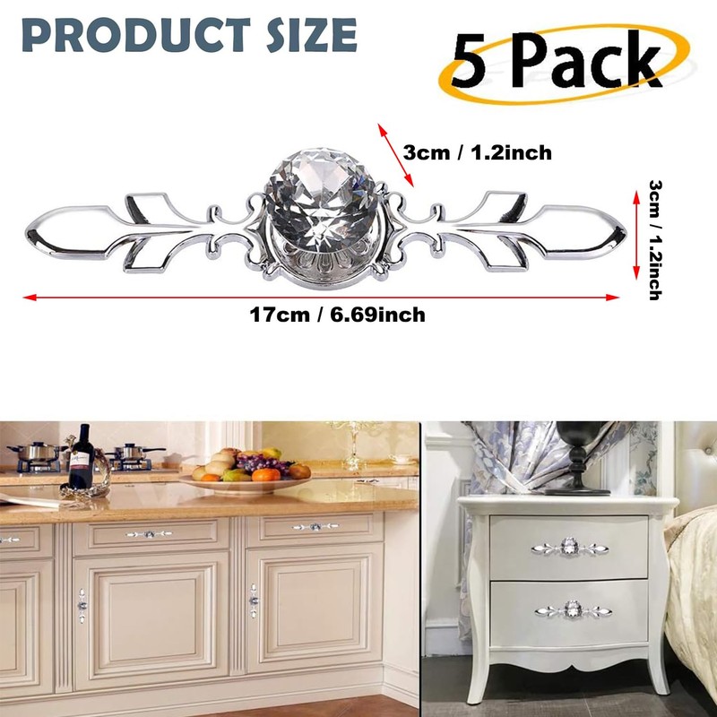 5 Pack Crystal door handles, handles for cupboards draws, Drawer