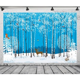 CORFOTO 7x5ft Fabric Cartoon Winter Forest Photography Backdrop White Birch Tree Deer Animals Background Snowy Scene Decorations Baby Shower Backdrop Christmas Party Photo Studio Booth Props