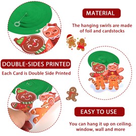 HOWAF 30pcs Christmas Gingerbread Hanging Swirl Decorations, Merry Christmas Candy Gingerbread Man Foil Hanging Streamer Gingerbread House Swirls Ceiling for Christmas Tree Xmas Holiday Party Supplies