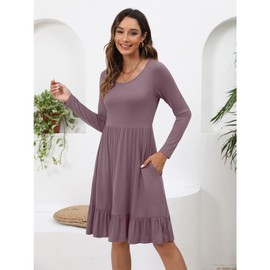 LILBETTER Women's Long Sleeve Fall Dress 2024 Empire Waist Dress for Women Knee Length Dress for Women(Mauve, Medium)