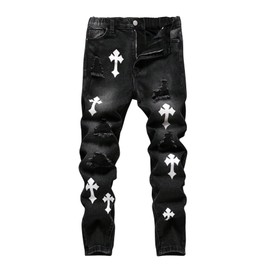Floerns Boy's Street Denim Pants Cross Print Distressed Ripped Y2k Tapered Jeans Black 12Y