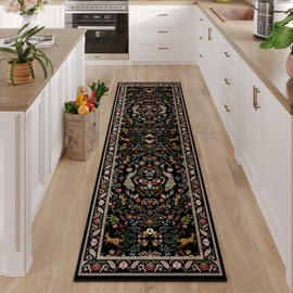 Runner Rug Washable Kitchen Runner 2'x6' Runner Rug Floral Non-Slip for Entryway Indoor Soft Carpet Runner for Hallways, Kitchen, Laundry, Bedroom, Bathroom (Vibrant Black)