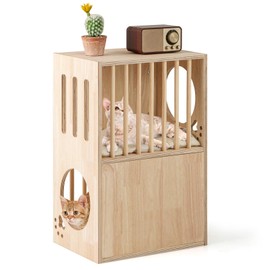 PETSITE 2-Storey Wood Cat House for Indoor Cats, Natural Wooden Double Decker Cat Condo with Removable and Washable Soft Cushions, Air Vents, and Side Entries, Modern Pet Furniture Side Table