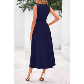 PRETTYGARDEN Spring Casual Dresses for Women 2025 Summer Business Work Midi Sleeveless A Line Pleated Cocktail Dress(Navy,Large)
