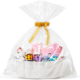 LANDNEOO Small Woven Basket with Gift Bags and Ribbons, Empty Decorative Gift Chest Box, Cute Baby Gift Basket for Nursery, Cotton Rope Room Shelf Storage Basket with Handles, 12"x 8"x 5",White