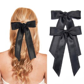 2PCS Hair Bows for Women Girls, Black Bow for Hair Slides Metal Clips Cute Ruffled Edge Satin Ribbon Accessories for Toddlers Teens Kids