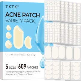 TKTK 609 Count Pimple Patches for Face, Hydrocolloid Acne Patch Bulk, Acne Stickers for Covering Cheeks, Forehead, Chin Blemishes Zit Breakouts for All Skin Types (Dots, Strip, Contoured 5 Sizes)