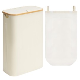 StorageWorks 60L Slim Laundry Hamper with Lid, Narrow Laundry Basket with Bamboo Handles and Inner Bag, Skinny Clothes Hamper for Laundry Room, Bathroom, Dorms, Conner, Beige