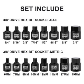 Mayouko 16 Pieces 3/8" Drive Low Profile Hex Socket Set, Impact Allen Bit Socket, CR-MO, 1/4"-3/4", 6mm-19mm, SAE&Metric