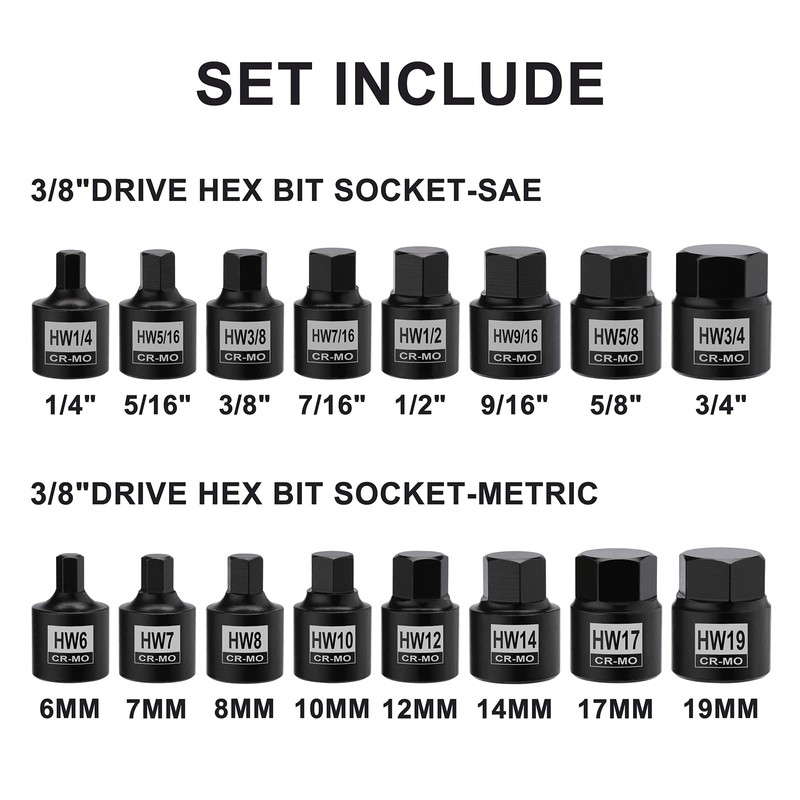 Mayouko 16 Pieces 3/8" Drive Low Profile Hex Socket Set,