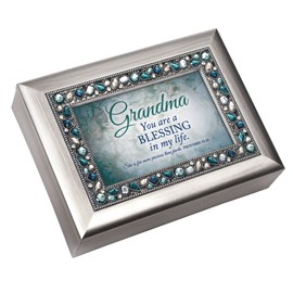 Cottage Garden Grandma Blessing My Life Brushed Silvertone Jewelry Music Box Plays On Eagle's Wings