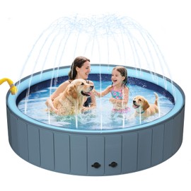 UCCY 2-in-1 Foldable Dog Pool for Large Dogs Hard Plastic Splash Sprinkler Kiddie Swimming Pool Non-Slip Portable Dog Bathtubs Collapsible Multi-Use Whelping Box Ball Pit Duck Pond Grey XXL-72"x12"