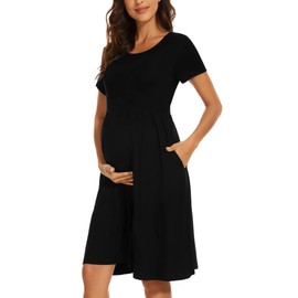WOOXIO Women's Short Sleeve Maternity Dress Patchwork Pregnancy Clothes with Pockets Medium,Black