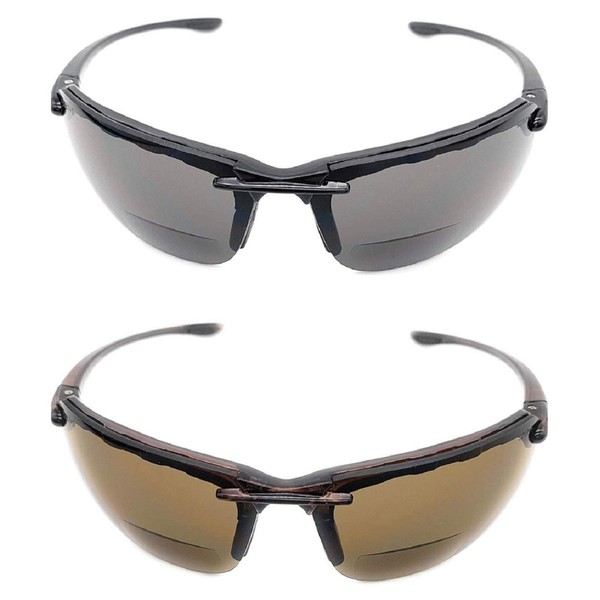 Incredible Bargains 2 Pair The Oakland Bifocal Sun Reader Sport and Wrap Around Reading Sunglasses, Unisex Rimless Safety Readers for Men and Women, Black and Brown + 2.00