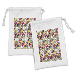 Ambesonne Birds Fabric Pouch Set of 2, Futuristic Design of Contrast Colored Toucan Cockatoo Parrot Flamingo and Pelican, Small Drawstring Bag for Toiletries Masks and Favors, 9" x 6", Multicolor