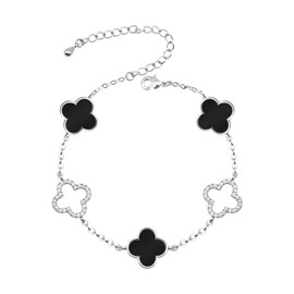 Clover Bracelet for Women 18k Gold Plated Silver Lucky Four Leaf Link Chain Bracelets Charm Trendy Jewelry Gifts for Women (Silver-Black)