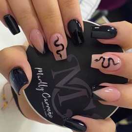 24Pcs Black Press on Nails Short, Square False Nails Snake Design Glossy Stick on Nails, Daily Wear Artificial Full Cover Fake Nails for Nail Art Manicure Decoration