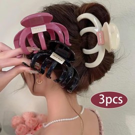 3 PCS Large Hollow Hair Clips, Retro Acrylic Letter Hairpin Strong Grip Non-Slip Ponytail Holder Clip Headwear, Back of Head Simple Shark Clip Hair Accessories for Women (Black, Red, White)