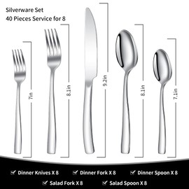 SIAKA 40-Piece Silverware Set, Heavy Duty Stainless Steel Flatware Set Service for 8, Modern Design Cutlery Utensil Sets, Dinner Fork Knife Spoon Eating Tableware Sets for Home, Dishwasher Safe