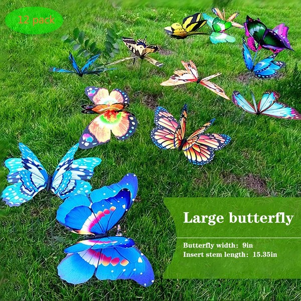 Giant Butterfly Garden Stakes Decorations Outdoor 3D Butterflies Lawn Decorative Yard Decor Patio Accessories Ornaments PVC Gardening Art Christmas Whimsical Gifts (Pack of 12)