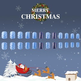 GGDECA Christmas Blue Glitter Press on Nails Short Fake Nails Square False Nails with Designs Christmas Snowflake Full Cover Artificial Acrylic Nails Glossy Glue on Nails for Woman Nail 24Pcs
