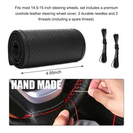 Gasedin Genuine Leather Steering Wheel Cover, Stitch On Wrap for Steering Wheel up to Diameter 15 Inches, DIY Sewing Steering Wheel Protector, Car Accessories (Black, with Pore)
