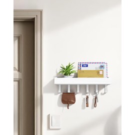 Key Holder Wall Mount Adhesive Magnetic - Hanging Key Hooks with Mail Organizer Tray for Wallet House Accessories - Keys Hanger Rack with Shelf for Camper Entryway Door Home Living Room Decor White