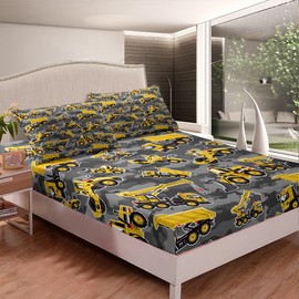 Kids Cartoon Excavator Fitted Sheet Vehicles Truck Car Bedding Set for Boys Toddler Machinery Bulldozer Bed Sheet Set Construction Site 1 Flat Sheet+ 1 Fitted Sheet+ 1 Pillowcase Room Decor Twin Size
