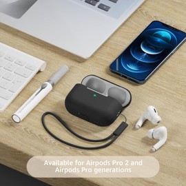 Tandoler Compatible with Airpods Pro 2 Case, Soft Silicone Skin Cover Protective Cases with Cleaner kit and Lanyard Compatible for AirPod Pro 2nd Generation, Front LED Visible - Deep Space Gray