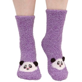 BambooMN Women's Super Soft Warm Cute Animal Non-Slip Fuzzy Fluffy Crew Home Socks, Purple Panda, 1 Pair