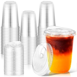 KesaPlan 50 Pack 16oz Clear Plastic Cups with Sip Lids, Disposable Iced Coffee Cup with Strawless Lid for Party Wedding Catering Events, To Go Cups for Cold Drinks Smoothie Milkshake Lemonade Bubble