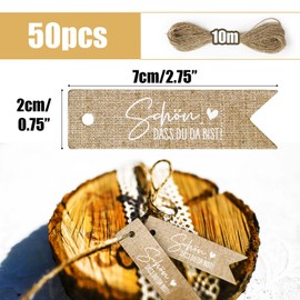 COLOFALLA Pack of 50 Beautiful Dass Du Da Bist Pendant 7 x 2 cm Boho Wedding Gift Tags Vintage Brown Labels Tags Decoration for Guest Gifts Christening Communion Confirmation Party with 10 m Jute
