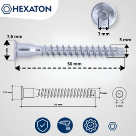 HEXATON Confirmat Screws 5 x 50 mm - Countersunk Hex Socket - Pack of 100 - Full Thread - Galvanised Steel - Furniture Screws