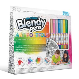 Blendy Pens Art Portfolio Set of 14 Felt Tip Pens, 7 Colouring Pens, Mixing Chambers, 8 Magic Posters, 2 Stencils and Airbrush, Marker in 14 Colours for Great Gradients, Creative Set for Children from