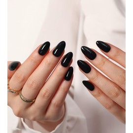 Morily Black Press on Nails Almond, 30Pcs Short Fake Nails Glossy Acrylic False Nails Reusable Full Cover Stick on Nails for Women, 15 Sizes, Thicker Fingertips