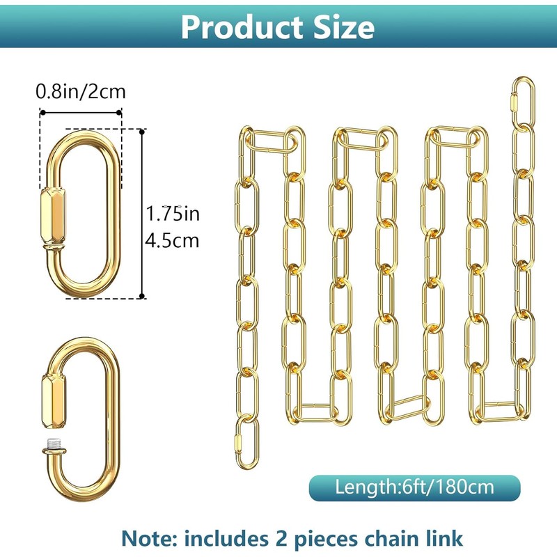 6 Feet Industrial Gold Light Fixture Chain, Adjustable Metal Pendant