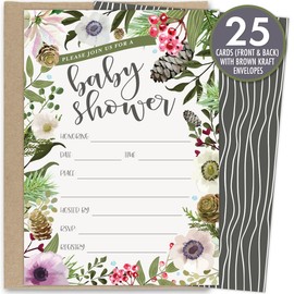 Koko Paper Co Winter Baby Shower Invitations with Rustic Winter Florals. Set of 25 Fill in The Blank Style Invites and Kraft Envelopes. Printed on Front and Back.