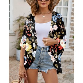 Heynino Womens Sheer Kimono Cover up 3/4 Wide Sleeve Cardigans Shawl Tops M