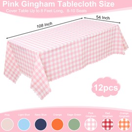 NatNarr 12 Pack Pink Gingham Tablecloth, 54 X 108InchPlastic Pink Table Checkered Tablecloth Waterproof Pink and White Checkered Tablecloths for Picnic Birthday Barbecue Parties