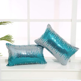 Eternal Beauty Sequin Pillow Case, Decorative Glitter Pillow Cover for Home Decor Throw Cushion Cover, 12x20 inches, Teal+Silver, Set of 2