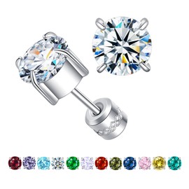 ZOCOYUU Titanium Screw Back Surgical Stainless Steel Stud Earrings for Women Men, Hypoallergenic Birthstone Stud Earrings Double Side 5A Cubic Zirconia Stud Earrings Jewellery 6 mm, Titanium