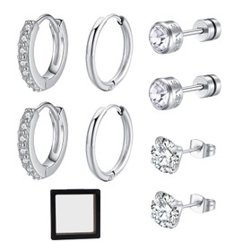 Earrings 925 Silver 9 Piece Set with 2 Pairs of Hoop Earrings Silver Women's Earrings and 2 Pairs of Women's Stud Earrings with Crystal in 925 Sterling Silver with 1 Piece Jewellery Storage Box for