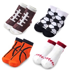 FANCYKIDS Unisex Baby Girls Boys Sports Themed Basketball Soccer Football Baseball Socks (Set of 4 Pairs) (0 to 6 Months)