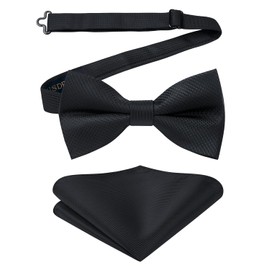 HISDERN Mens Black Bow Tie Solid Color Pre Tied Bow Tie and Pocket Square Set for Wedding Texudo Silk Bowtie