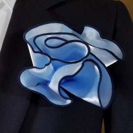 Vavra's NEW - Men's 2-in-1 Pouf Round Pocket Square - Light Blue Satin with Navy Trim