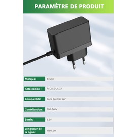 Bouge Karcher Window Wv50 Charger 5.5V Charging Cable Compatible with Karcher Wv1, Wv2, Wv2 Plus, wv2 Premium, wv50 Plus, wv60, wv70, wv75 Adapter