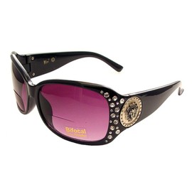 Kleo Womens Designer Bifocal Sunglasses with Rhinestones - Hard Case Included (Black, 2.25 x)