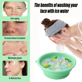 Konbison Face Ice Bath Bowl Mold With Built-In Icetray, Portable Foldable Silicone Dipping Water Facial Cold Immersion Therapy Plunge Bowl for Face Ice Bath Holder for Home And Travel (Green)